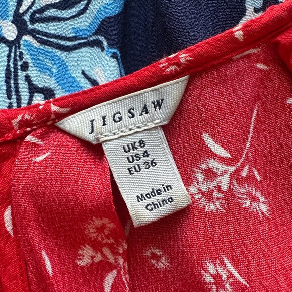 Jigsaw Dandelion Floral Pleated Neck Shift Dress Womens Size 4 Boho Prairie Red - Picture 5 of 8